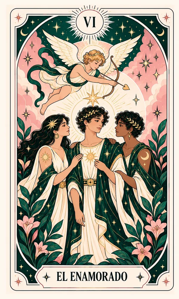 Ilustración de El Enamorado, arcano VI, en el mazo de Luna Hoy