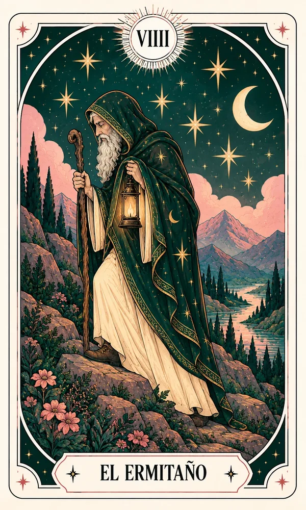 Ilustración de El Ermitaño, arcano VIIII, en el mazo de Luna Hoy