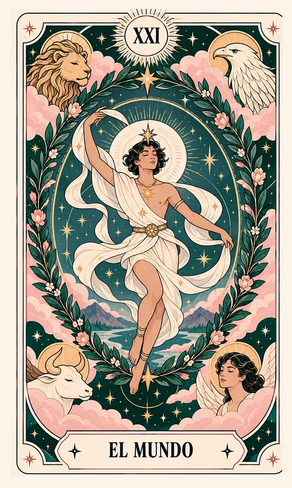 Ilustración de El Mundo, arcano XXI, en el mazo de Luna Hoy