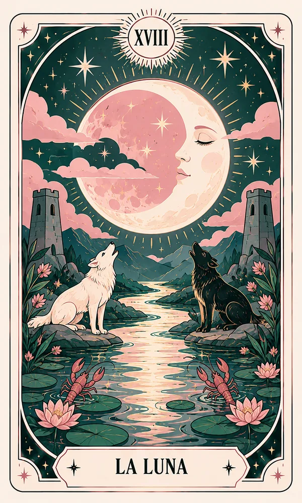 Ilustración de La Luna, arcano XVIII, en el mazo de Luna Hoy