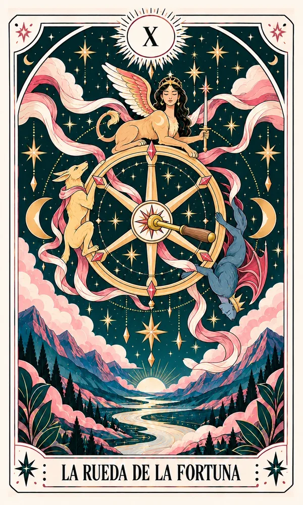 Ilustración de La Rueda de la Fortuna, arcano X, en el mazo de Luna Hoy